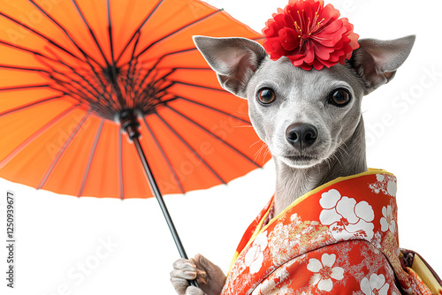 Portrait of an elegant Dog dressed in a traditional Japanese kimono, wearing a red flower on its head, holding an umbrella, against a white background, in high-resolution photography