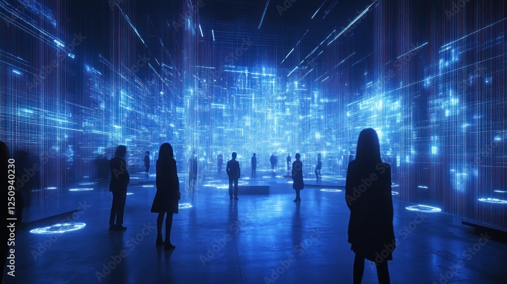 Metaverse exhibit people exploring digital city, futuristic data streams Metaverse exhibit people exploring digital city, futuristic data streams