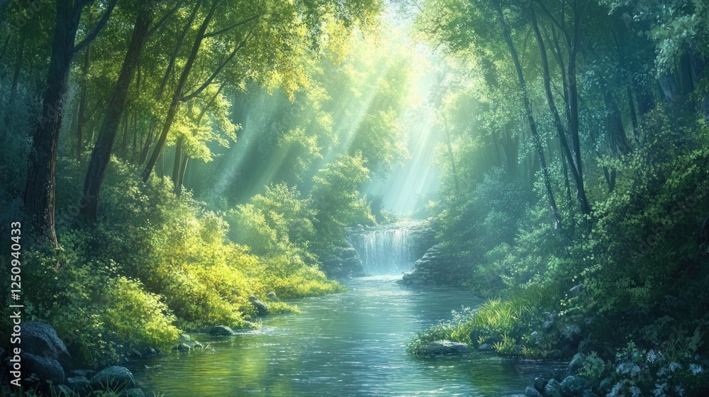 Fototapeta premium Sunlit forest stream, waterfall, tranquil nature scene, background for peace, serenity