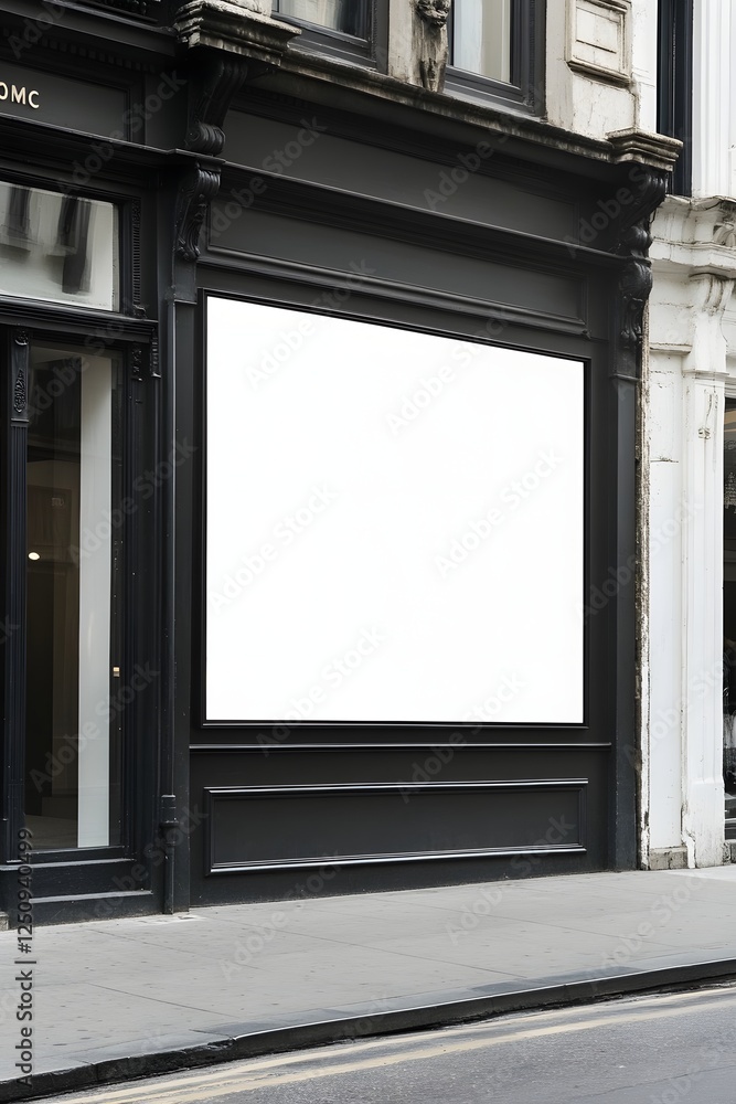 Fototapeta premium White Empty Storefront Signage on Elegant Fashion Boutique Exterior for Premium Branding Visuals
