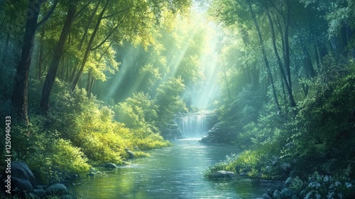 Fototapeta Naklejka Na Ścianę i Meble -  Sunlit forest stream, waterfall, tranquil nature scene, background for peace, serenity