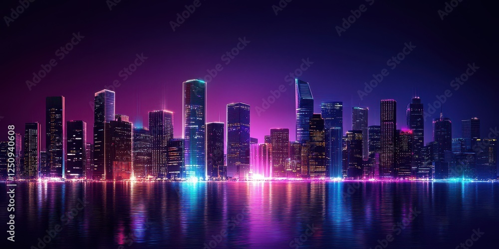 Fototapeta premium Neon Cityscape Reflecting in Calm Water at Night