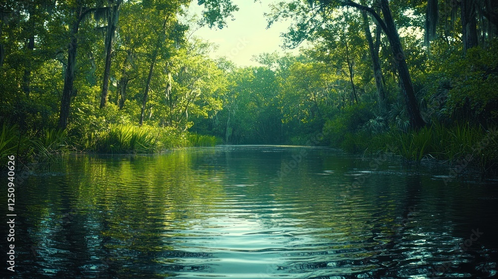 Obraz premium Calm river flows through lush green swamp forest