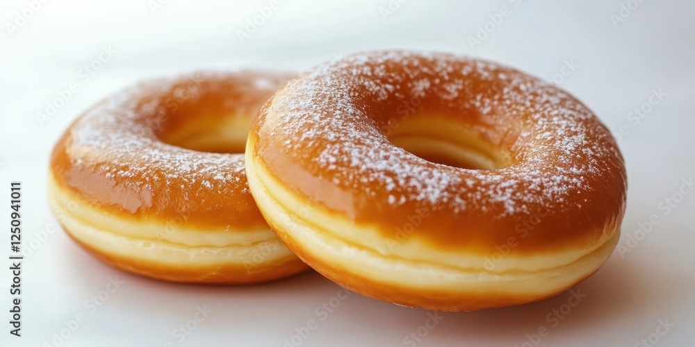Freshly baked donuts with a glossy glaze and powdered sugar on a simple white background Freshly baked donuts with a glossy glaze and powdered sugar on a simple white background