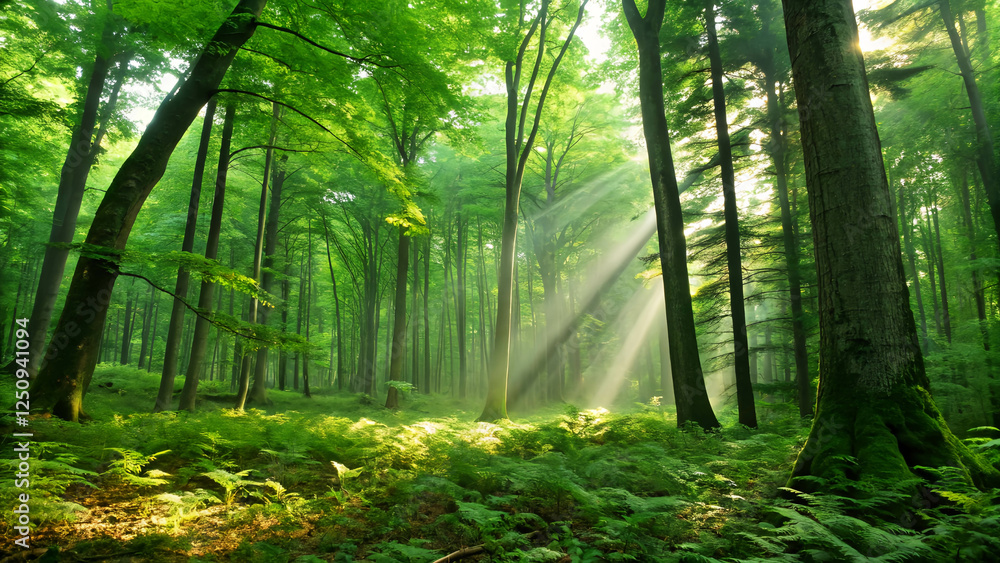 Fototapeta premium morning in the forest , sun rays in the forest , lush green forest