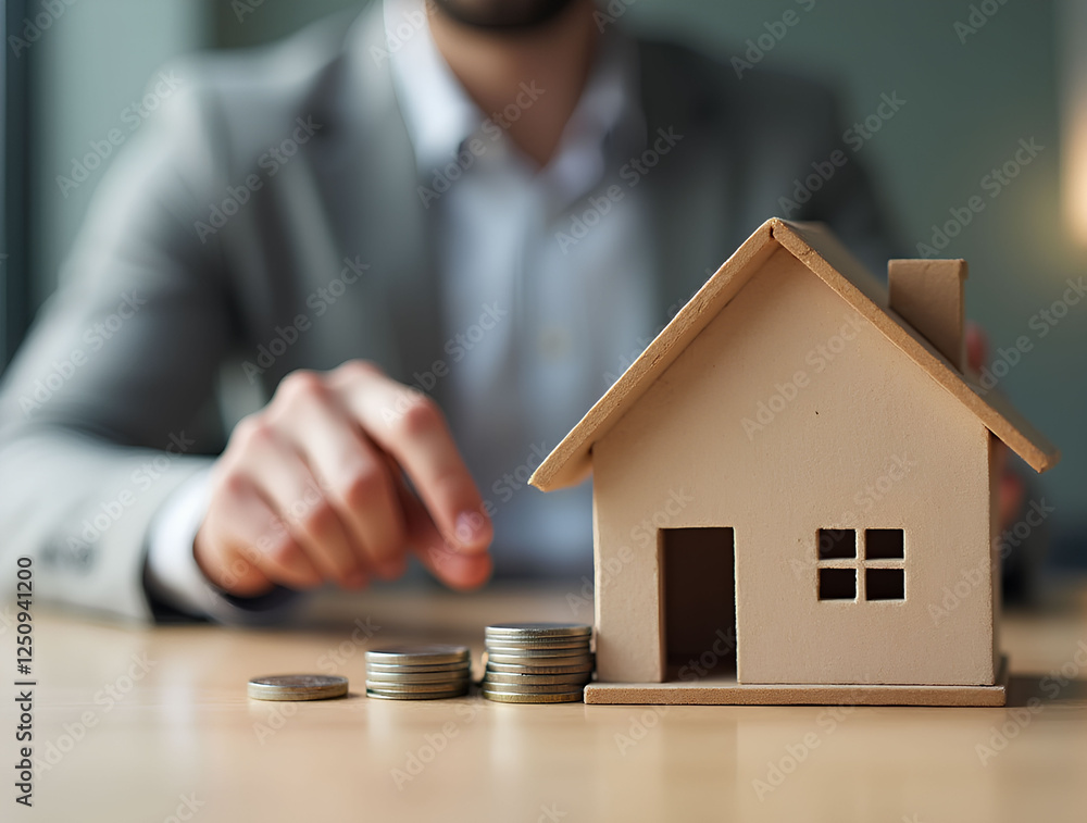 Real estate investment concept, Real estate business, Buy and sell houses. Businessman with model home and pile of coins Real estate investment concept, Real estate business, Buy and sell houses. Businessman with model home and pile of coins