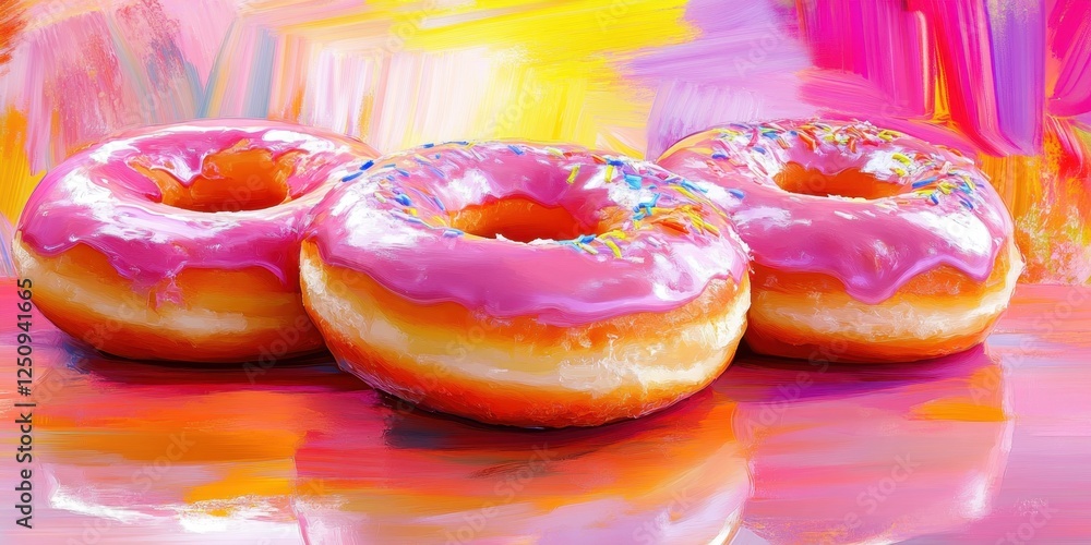 Obraz premium Delicious pink frosted donuts decorated with colorful sprinkles on a vibrant abstract background