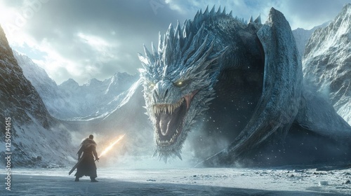 Beowulf battles a colossal ice dragon.