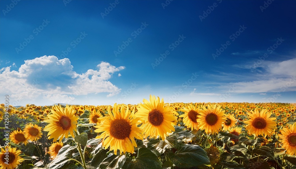 Obraz premium Yellow sunflower in blue sky, summer nature background, copy space