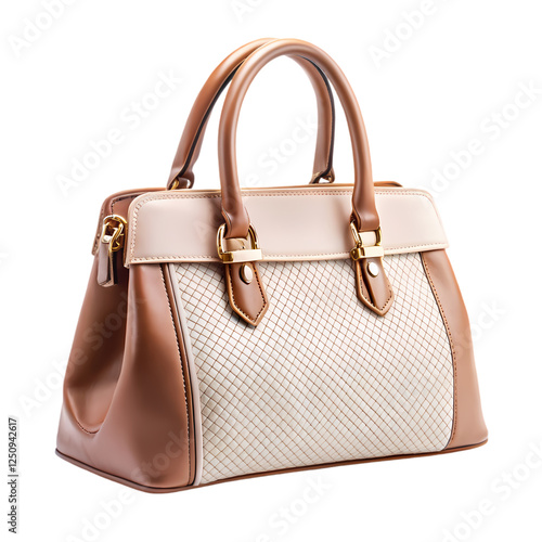 Elegant brown and beige leather handbag fashion accessory gold tote chic on transparent background