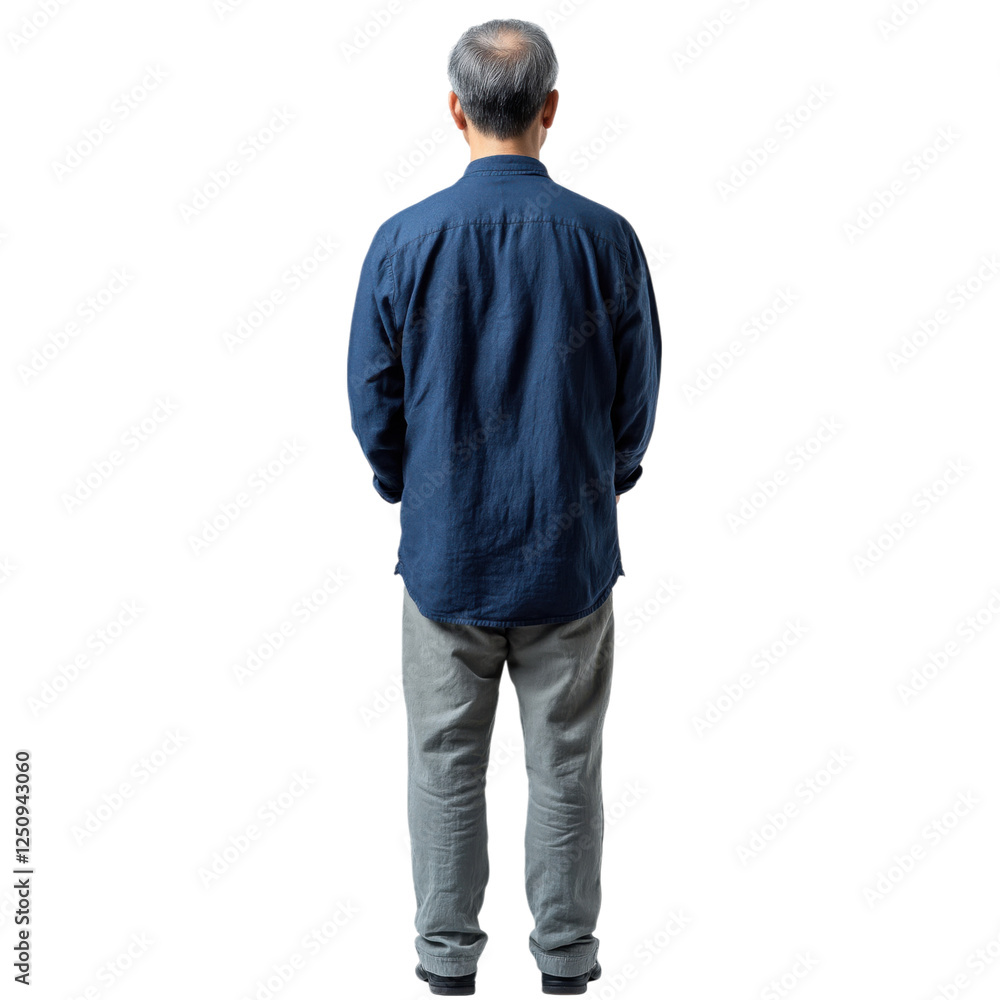 Man standing with back turned, wearing a blue shirt and gray pants against a black background. Man standing with back turned, wearing a blue shirt and gray pants against a black background.