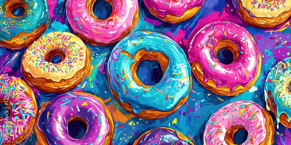 Fototapeta premium Colorful donuts with sprinkles displayed on a vibrant background creating an appetizing visual feast