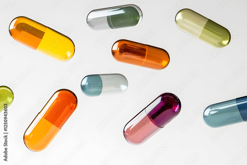 Floating capsules suspended in mid air against pristine on white background. Science healthcare. Pharmaceutical and medical themed concepts. Medical capsules, group of vitamin supplement pills. Floating capsules suspended in mid air against pristine on white background. Science healthcare. Pharmaceutical and medical themed concepts. Medical capsules, group of vitamin supplement pills.