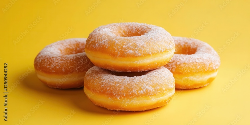 Freshly made donuts stacked on a bright yellow background representing a sweet treat display Freshly made donuts stacked on a bright yellow background representing a sweet treat display
