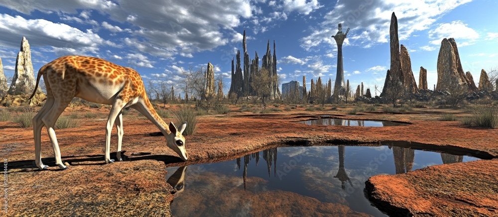 Fototapeta premium Giraffe drinks, futuristic city backdrop, arid landscape, concept art