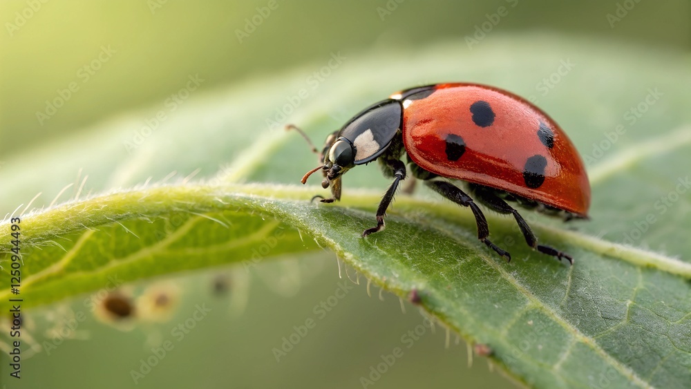 Fototapeta premium Ladybug on Leaf Close-up: A vibrant red ladybug with black spots delicately rests on a lush green leaf, showcasing intricate details in a captivating macro photograph.