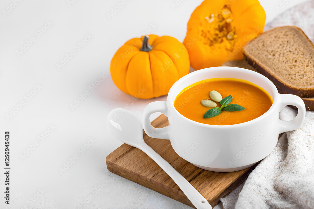 pumpkin cream soup in.a bowl Served with a piece of brown whole wheat bread, 300dpi, 3d illustration pumpkin cream soup in.a bowl Served with a piece of brown whole wheat bread, 300dpi, 3d illustration