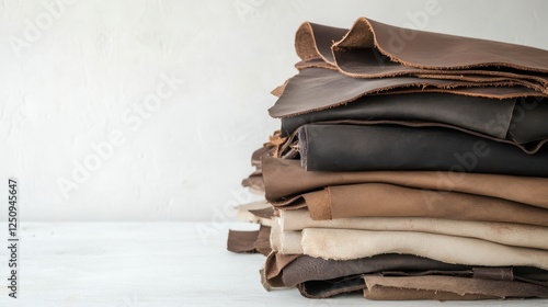 Stack of distressed leather textile cloth in various colors and textures on a neutral background