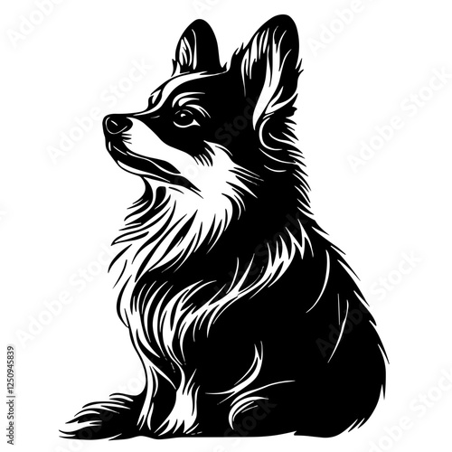 Detailed black and white fluffy dog illustration