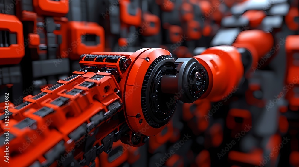 A close-up view of a futuristic, orange and black mechanical structure, showcasing intricate designs and advanced technology. A close-up view of a futuristic, orange and black mechanical structure, showcasing intricate designs and advanced technology.