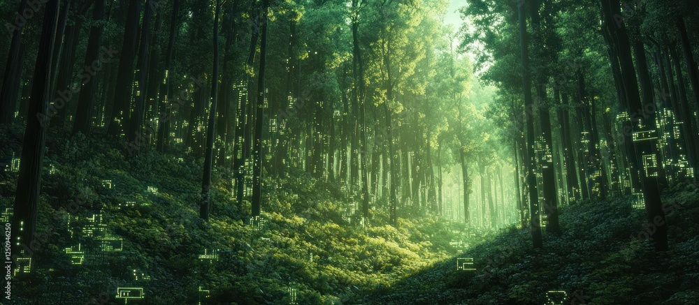 Obraz premium Digital data flows in sunlit forest path