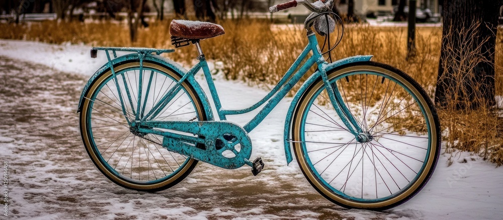 Fototapeta premium Teal bicycle winter park path snow