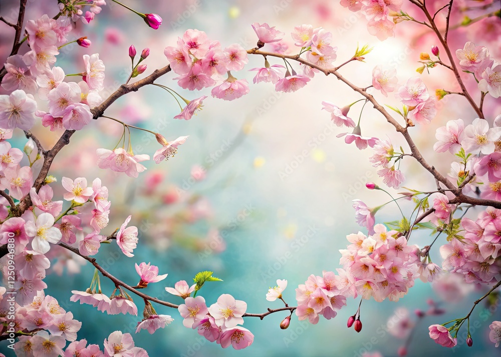 Aerial drone shot of a watercolor-esque cherry blossom frame, showcasing a vibrant pink spring floral border. Aerial drone shot of a watercolor-esque cherry blossom frame, showcasing a vibrant pink spring floral border.