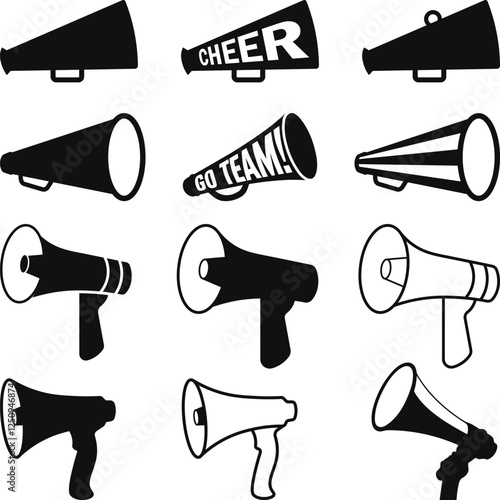 Cheer Horn Set Silhouette. Cheer Megaphone Icon SVG. Cheerleading horn animated icon. Megaphone Bundle. Sports Cheers Vector.