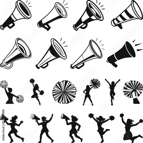 Cheerleader Megaphones and Pom-poms, Cheer Horn Icons Set Silhouette. Cheerleading horn animated icon. Megaphone Bundle. Sports Cheers Vector.