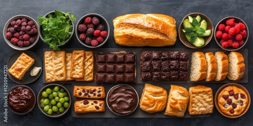 Bakery Assortment, Sourdough Loaves, Chocolate Brownies, Danish Pastries, Fruit Tarts, Top View Bakery Assortment, Sourdough Loaves, Chocolate Brownies, Danish Pastries, Fruit Tarts, Top View