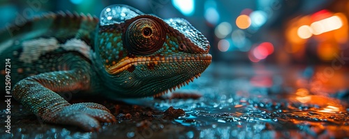 A close-up photograph of a chameleon, taken in a natural setting with a blurred background of colorful, leafy plants. the image is taken from a close up camera angle, focusing on the chamaleon's face. photo