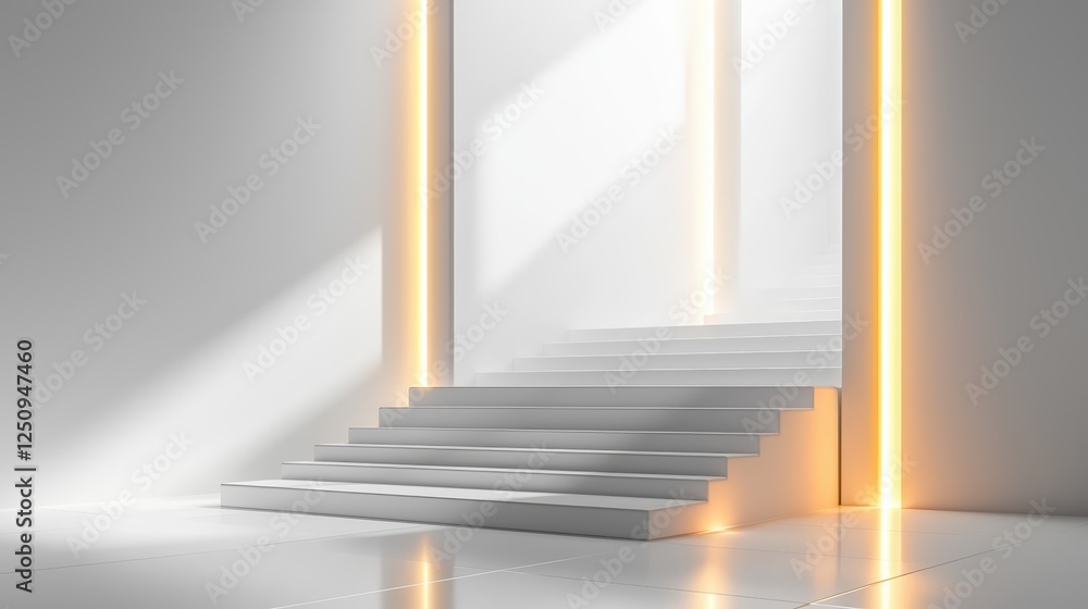 Fototapeta premium Decorative light background - 3D white uphill staircase with reflective shadows on the floor 
