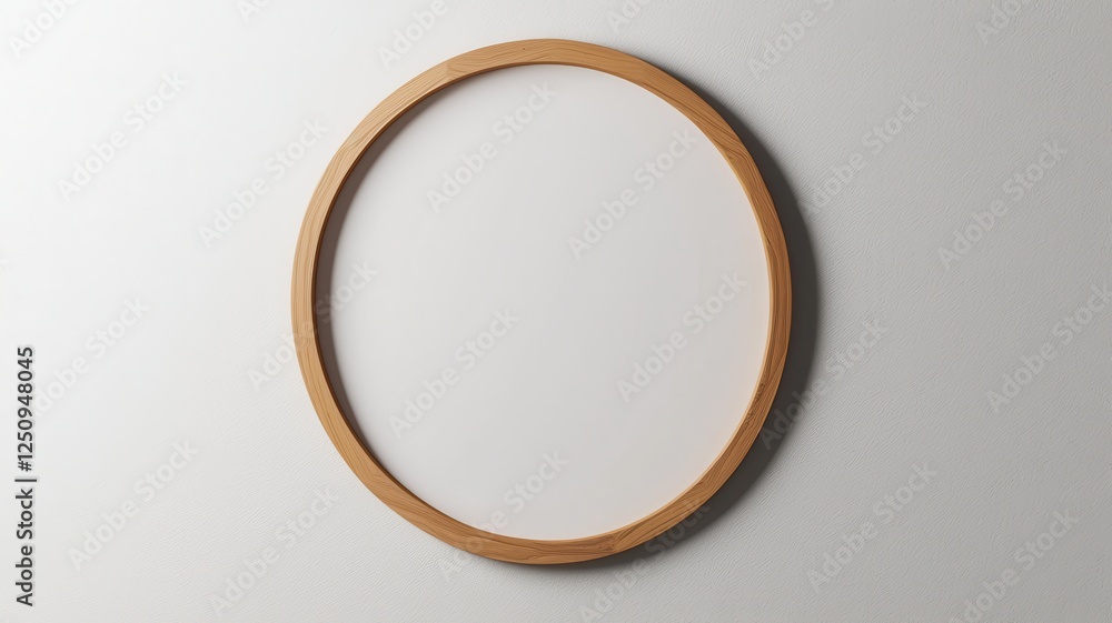 Simple Round Wooden Frame on a White Wall Mockup for Design Projects Simple Round Wooden Frame on a White Wall Mockup for Design Projects