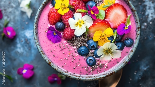 A vibrant smoothie bowl topped with fresh fruits, colorful chia seeds, and delicate edible flowers, styled for marketing campaigns