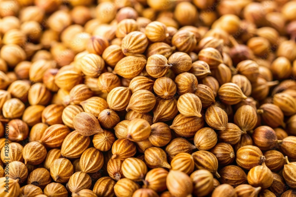 Aromatic coriander seeds closeup. Culinary herb, food photography, white background highlighting its earthy tones. Aromatic coriander seeds closeup. Culinary herb, food photography, white background highlighting its earthy tones.