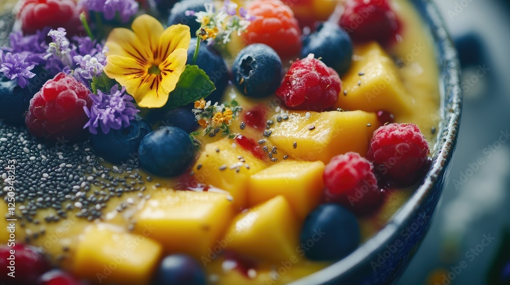 Close-up of a smoothie bowl topped with fresh mango, berries, and edible flowers, styled with chia seeds for healthy food campaigns Close-up of a smoothie bowl topped with fresh mango, berries, and edible flowers, styled with chia seeds for healthy food campaigns