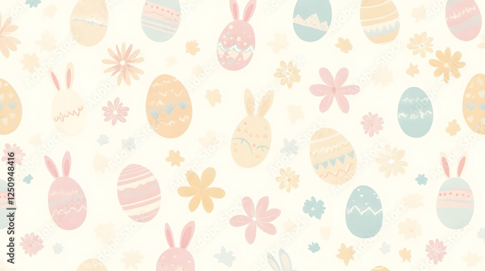 Charming Pastel Easter Pattern with Repeating Eggs, Rabbits, and Floral Elements on Soft Fabric Charming Pastel Easter Pattern with Repeating Eggs, Rabbits, and Floral Elements on Soft Fabric
