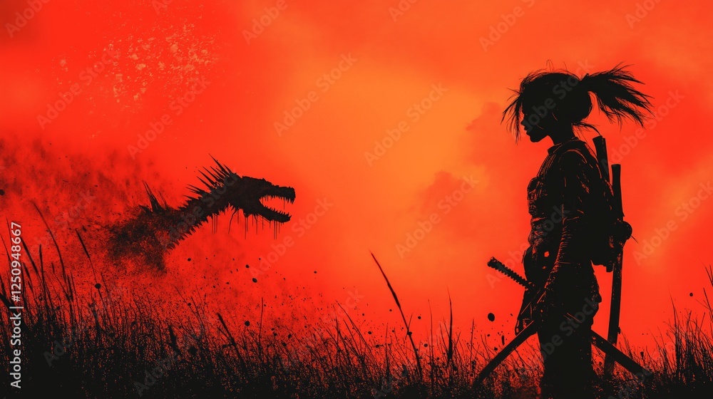 Obraz premium Epic showdown warrior faces dragon in fiery landscape concept art fantasy environment dramatic viewpoint