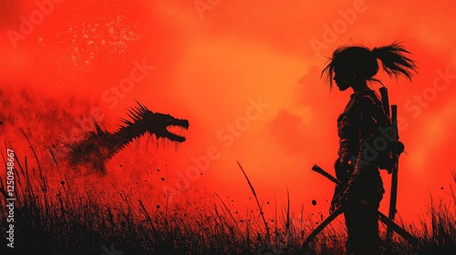 Epic showdown warrior faces dragon in fiery landscape concept art fantasy environment dramatic viewpoint