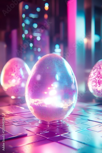 Futuristic Glowing Easter Eggs with Neon Holographic Elements and Sci-Fi Aesthetics photo