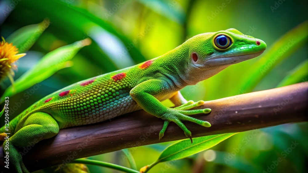 Vibrant Green Gecko Resting on Branch Surrounded by Lush Foliage Vibrant Green Gecko Resting on Branch Surrounded by Lush Foliage