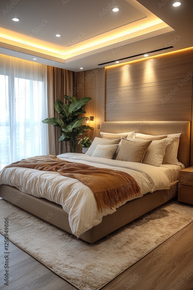 Fototapeta premium Modern Bedroom Interior Design with Warm Lighting and Neutral Tones