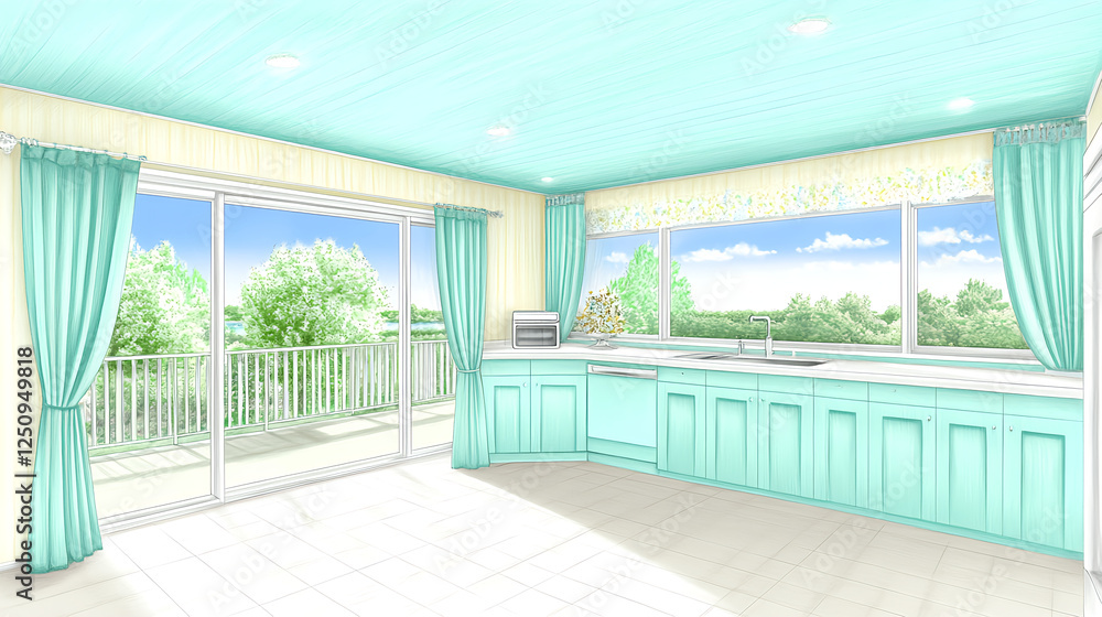 Fototapeta premium Sunny kitchen interior design modern home visual art bright environment spacious view aesthetic concepts for inspiration