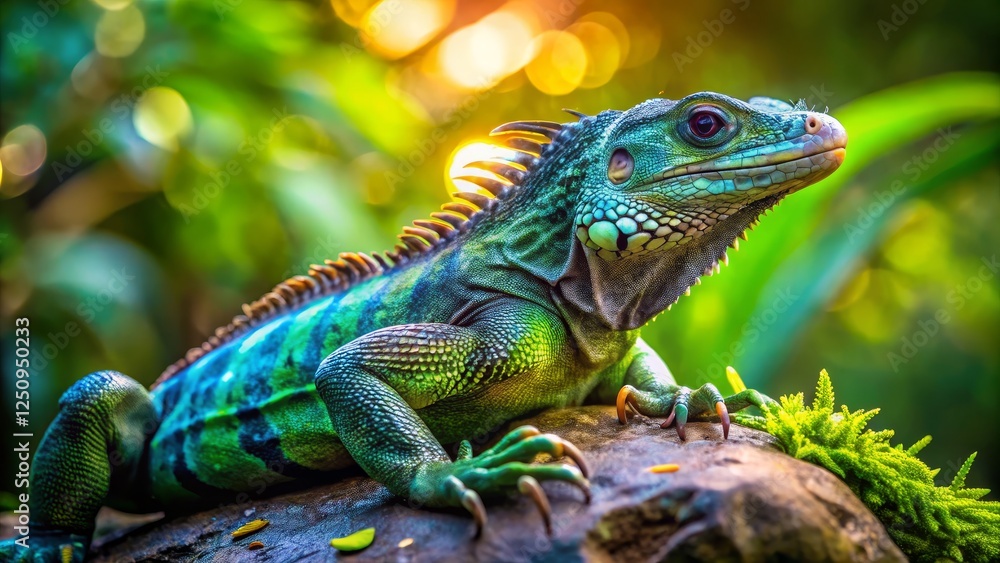 Vibrant Iguana Perched on a Mossy Log in Lush Green Environment Vibrant Iguana Perched on a Mossy Log in Lush Green Environment