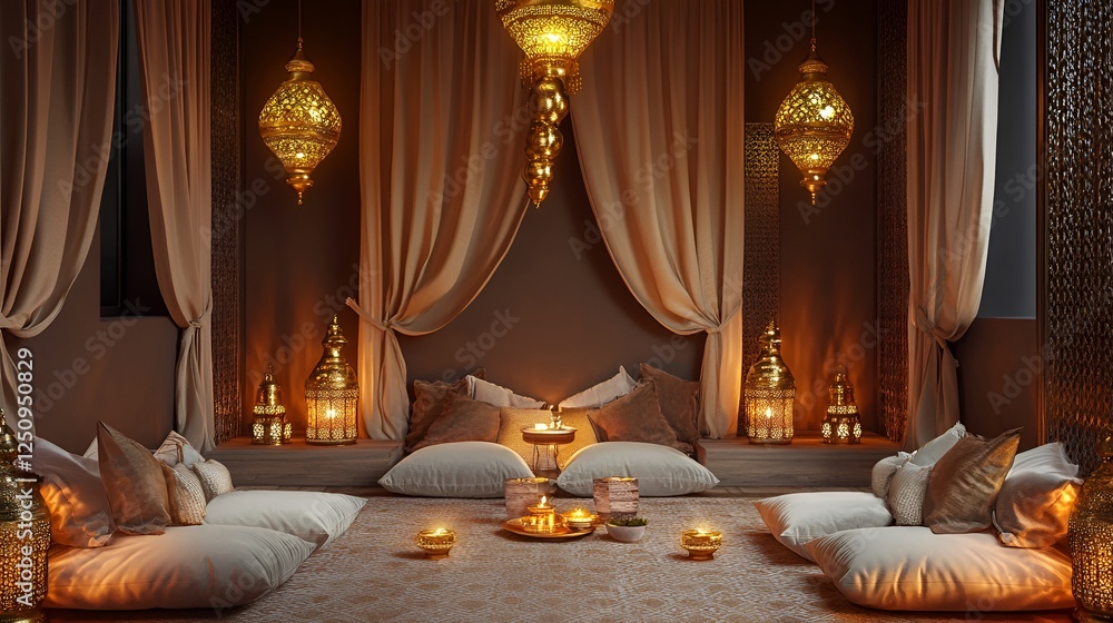 Obraz premium A chic Ramadan podium featuring soft fabrics, elegant golden lanterns, and warm ambient light