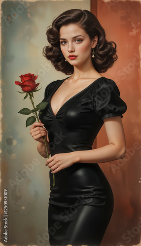 Daring Pin-Up Beauty: Brunette in a Figure-Hugging Black Dress with Retro Waves, Embracing a Large Red Rose with Striking Red Lips. Postcard inspiration background. 