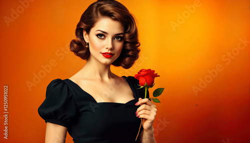 Alluring Vintage Pin-Up: Brunette in a Black Bodycon Dress with Retro Waves, Holding a Big Red Rose and Radiating Bold Elegance on Orange Background
