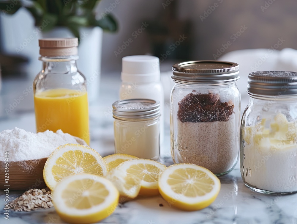 Ingredients for baking laid out on a marble countertop ready to be used Ingredients for baking laid out on a marble countertop ready to be used