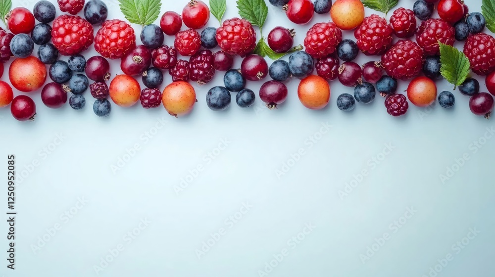 Vibrant assortment of fresh mixed berries on blue Vibrant assortment of fresh mixed berries on blue