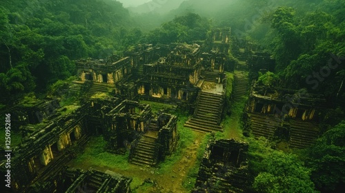 Fototapeta Naklejka Na Ścianę i Meble -  Misty Jungle Temple Ruins Aerial View